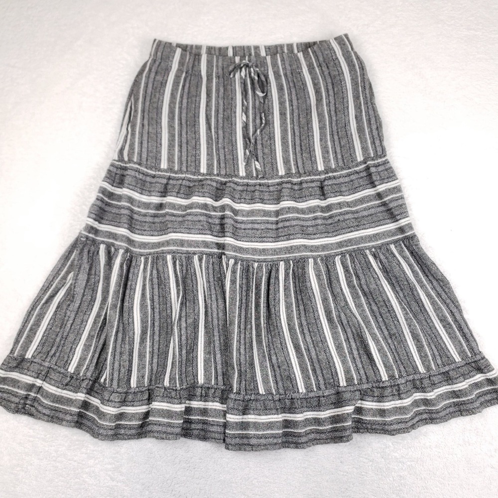 Westbound Tiered Mini Skirt L Striped Grey Linen Blend Drawstring Coastal Boho